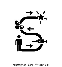 Therapy journey black glyph icon. Taking medications for treatment. Private psychotherapy practice. Health problem remediation. Silhouette symbol on white space. Vector isolated illustration