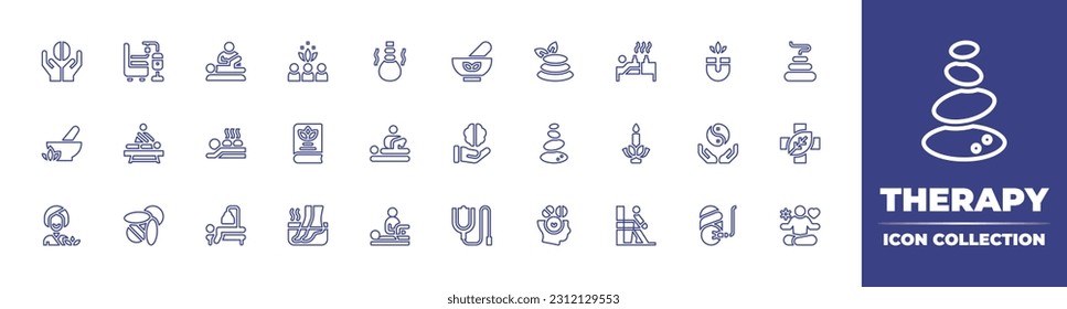 Colección de iconos de la línea de tratamiento. Trazo editable. Ilustración vectorial. Conteniendo cerebro, quimioterapia, fisioterapia, terapia grupal, masaje de hierbas, tratamiento de hierbas, piedras, acupuntura, imán, calor.