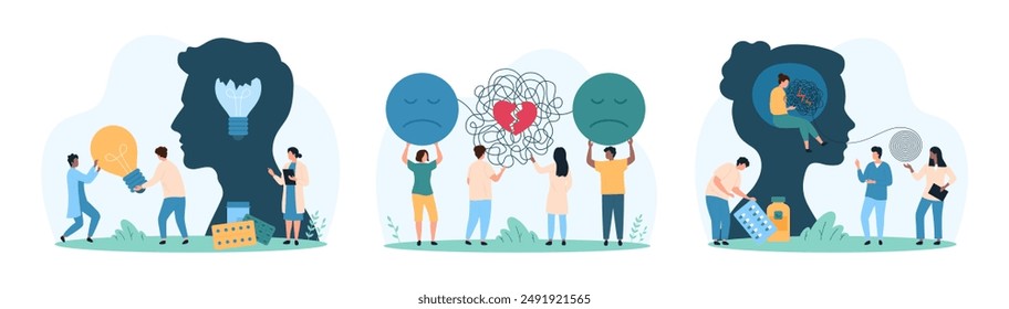 Therapy for mental health problems set. Tiny people untangle messy tangled thread and conflict of couple, replace dark broken light bulb with bright lamp inside human head cartoon vector illustration