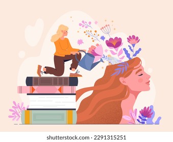 Therapy for mental health. Woman with watering can stands on books next to silhouette of head with flowers. Mindfulness, awareness, meditation and concentration. Cartoon flat vector illustration