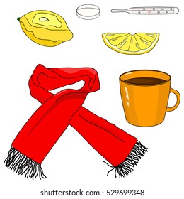 Therapy objects. A whole lemon, lemon slice, thermometer, pills, scarf, mug of hot tea on a white background. Hand drawing. Vector illustration. Cold elements.