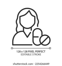 Therapy pixel perfect linear icon. Treatment of disease. Medicaments and pills. Prescription for patient. Health care. Thin line illustration. Contour symbol. Vector outline drawing. Editable stroke