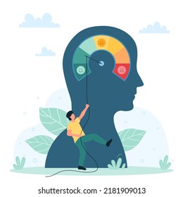 Therapy, psychology, support and coaching vector illustration. Cartoon tiny man pushing arrow of stress level meter in abstract human head to reduce emotional overload, overexertion and depression