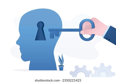 Therapy, psychotherapy, concept. Open mind, personality. Human head with keyhole and key opening mind. Mentorship, education process. Skills improvement. Mental peace, health care, psychology. vector