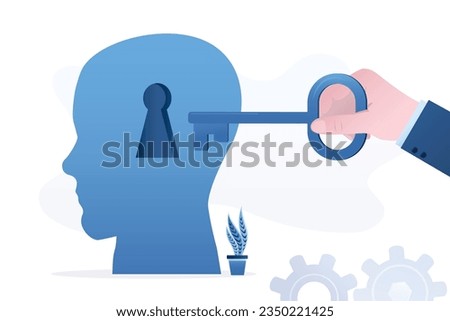 Therapy, psychotherapy, concept. Open mind, personality. Human head with keyhole and key opening mind. Mentorship, education process. Skills improvement. Mental peace, health care, psychology. vector