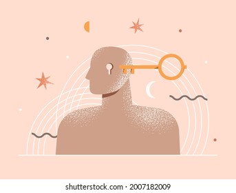 Therapy, psychotherapy, psychology concept. Open mind. Human head with a keyhole and key. Philosophy metaphor, personality. Abstract modern illustration about mental health. Isolated vector design