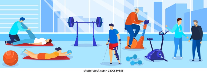 Therapy rehabilitation vector illustration. Cartoon flat people with disabilities doing rehab sport exercise in gym, characters practicing physiotherapy with doctor therapist instructor background