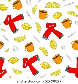 Therapy seamless pattern. A whole lemon, lemon slice, thermometer, pills, scarf, mug of hot tea on a white background. Hand drawing. Vector illustration.