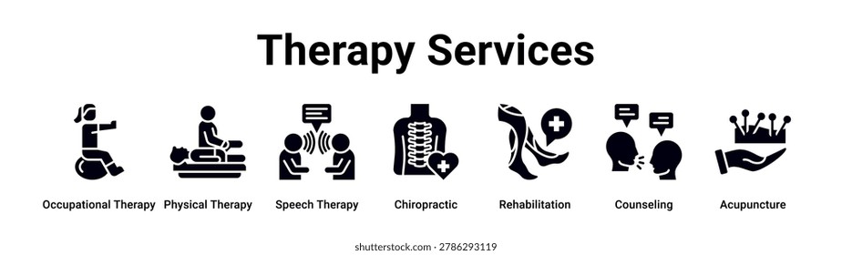 Therapy Services web banner icon vector illustration concept for medical with icon of Occupational Therapy, Physical Therapy, Speech Therapy, Chiropractic, Rehabilitation.