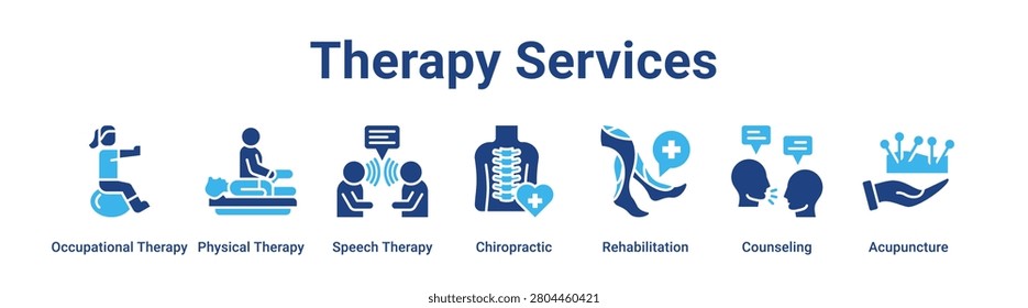 Therapy Services web banner icon vector illustration concept for medical with icon of Occupational Therapy, Physical Therapy, Speech Therapy, Chiropractic, Rehabilitation.