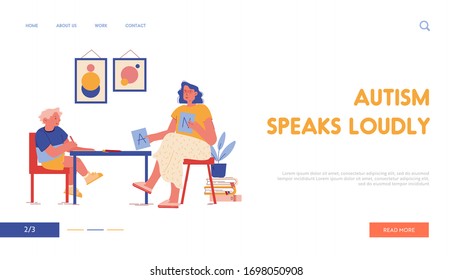 Therapy Session with Autism Disorder Child Landing Page Template. Psychologist Character Show Abc Cards, Education and Learning Process Patient and Therapist. Cartoon People Vector Illustration
