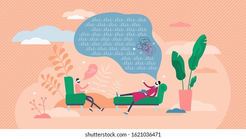 Therapy session concept, flat tiny person vector illustration. Psychological trauma and stress discussion process. Mind and thoughts analysis. Abuse and anxiety treatment system. Modern life issues.