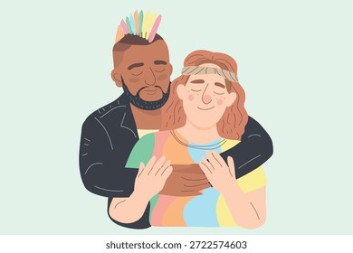 therapy session, diversity love support concept, punk man hugging hippie man from behind, valentine invitation card, vector cartoon	