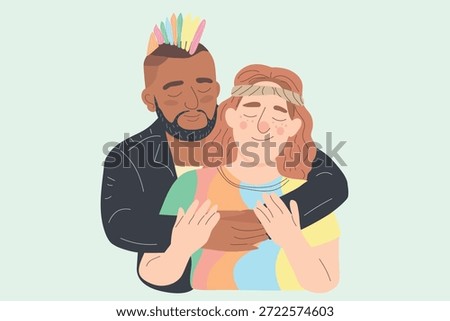 therapy session, diversity love support concept, punk man hugging hippie man from behind, valentine invitation card, vector cartoon	