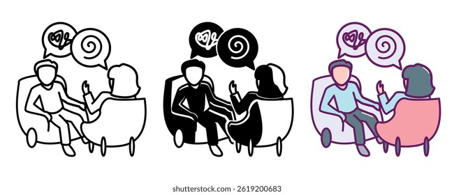 Icono de la sesión de terapia representado por el terapeuta, línea del cliente, llenado, estilo del color.