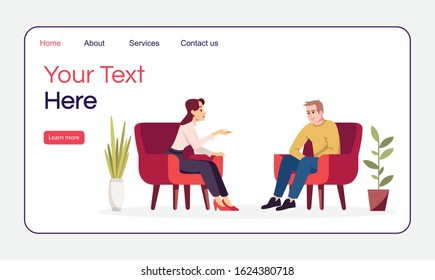 Therapy session landing page vector template. Couple in armchairs. Psychology consultation website interface idea with flat illustrations. Homepage layout. Web banner, webpage cartoon concept