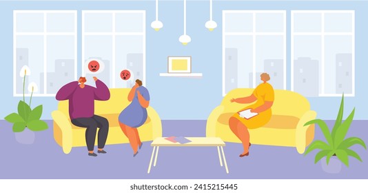 Therapy session with three people showing sad emotions, holding rating signs. Counselor taking notes, emotional expression, modern office vector illustration.