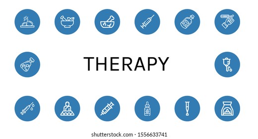therapy simple icons set. Contains such icons as Lithotherapy, Mortar, Syringe, Essential oil, Diabetes, Buddha, Serum, Crutch, Aromatherapy, can be used for web, mobile and logo