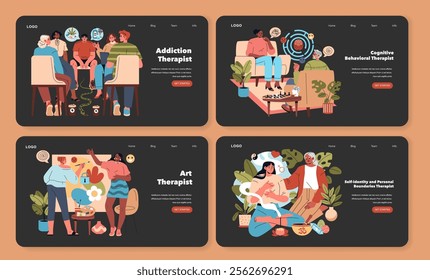 Therapy specializations set. Different therapists engaging with clients in various therapeutic environments. Addiction, cognitive behavioral, art, and identity therapy scenes. Vector illustration.
