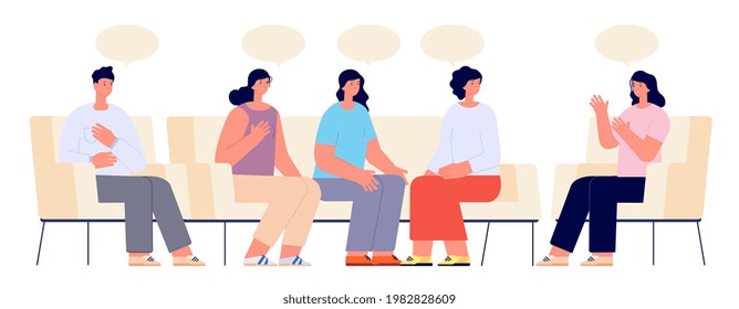 Therapy Support Group. Addiction Group, Female Doctor On Couch Meeting. Supporting Patient, Psychologist Consulting Session Utter Vector Concept