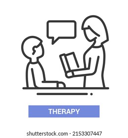 Therapy and support - vector line design single isolated icon on white background. High quality black pictogram. Image of woman psychologist and schoolboy talking. Psychological problems idea