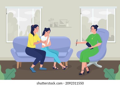 Therapy for teenager flat color vector illustration. Psychological consultation. Worried mother with daughter talking with counselor 2D cartoon characters with therapy room on background