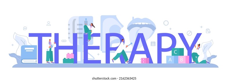Therapy typographic header. Didactic correction. Speech therapist diagnozing and treating of communication problem and speech disorder. Vector flat illustration
