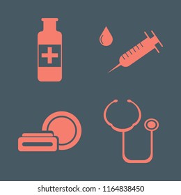 therapy vector icons set. with cosmetic cream, stethoscope, medicine bottle and syringe in set