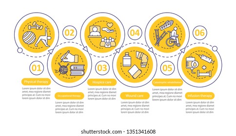 Therapy vector infographic template. Nursing service. Business presentation design elements. Data visualization with six steps and options. Process timeline chart. Workflow layout with linear icons