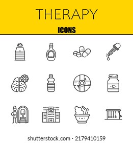 therapy vector line icons set. sauna, syrup and pills Icons. Thin line design. Modern outline graphic elements, simple stroke symbols stock illustration