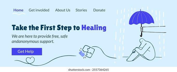 Therapy web header banner design template. Mental health healing support concept. Hand drawn doodle vector illustration