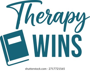 Therapy Wins tipografia vetor design preto azul escuro ícone de livro aberto gráfico para t-shirt apparel adesivo saúde mental mercadoria impressão hobby criativo layout corte