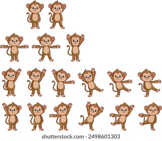 There are 15 cartoon monkeys in the picture. They are all brown and have different poses. Some are standing with arms raised or outstretched, while others are jumping and dancing.