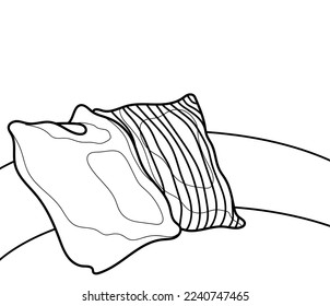 There are 2 pillows on the sofa. Black and white vector image. Coloring.