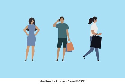 there are 3 characters, 2 women and a man,the man is talking on the phone,one lady holds her hands in her hips, the second lady has bags in her hand,vector,cartoon.