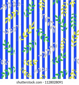 There are acacia leaves here. Wonderful white background with blue narrow stripes. This is a seamless pattern. Can be used for fabrics for women's dresses.