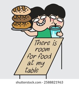 There Is Always Enough Space On Young Woman's Table To Put More Food Down Concept Cartooon Character illustration