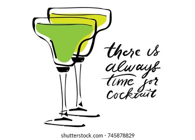 There is always time for cocktail. Cocktail hand drawn illustration for your design: menu, cards