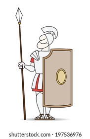There is an ancient warrior in armor with a pike and shield.