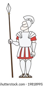 There is an ancient warrior in armor with a spear.