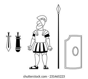 There is an ancient warrior in armor with a spear, sword and shield.