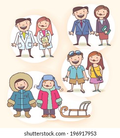 There are: the smiling doctor and his assistant, the businessman, businesswoman, the couple of happy tourists and the man with the woman wearing the winter clothes with the classic sledge. 