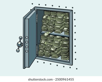 There are a lot of banknotes inside the metal safe. Security of financial investments and their leakage. Advantageous bank offers for clients and their money. Pop Art Retro Vector Illustration Kitsch