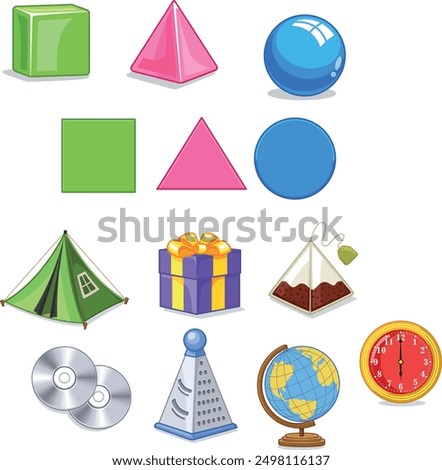  There are basic shapes like squares, triangles, and circles, as well as more complex objects like a tent, a gift box, and a globe. The colors are bright and cheerful.