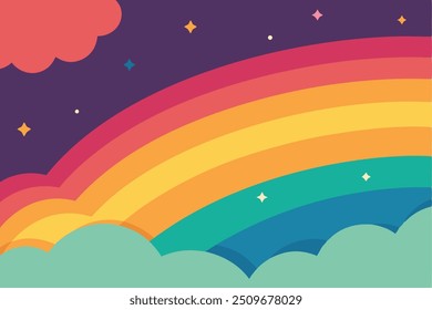 Hay un hermoso arco iris presente en el cielo lleno de nubes y estrellas