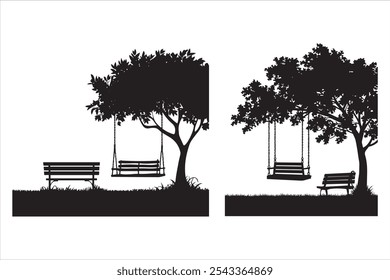 there is a bench under a tree and a swing hanging from the tree