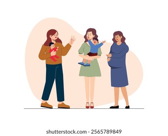 there is a big family, 3 sisters, the first sister already has a son, while the second sister already has a son who is still a toddler and the third sister is pregnant. 
design, vector, illustration