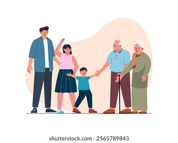 There is a big family, grandparents, a husband and wife and their son, they are chatting together, they are very happy.
design, vector, illustration