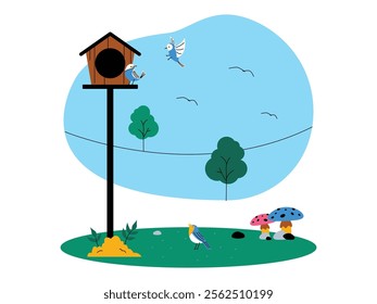 There is a bird in the birdhouse, two other birds flying in the sky, some green trees, grass and small flowers, on the grass there are some stones and mushrooms, vector illustration of the ecosystem.