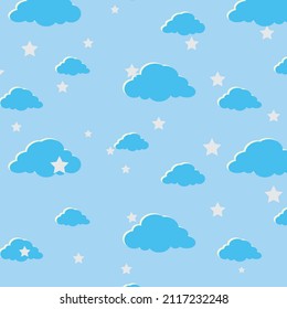 There are blue clouds and white stars on a blue background. vector
